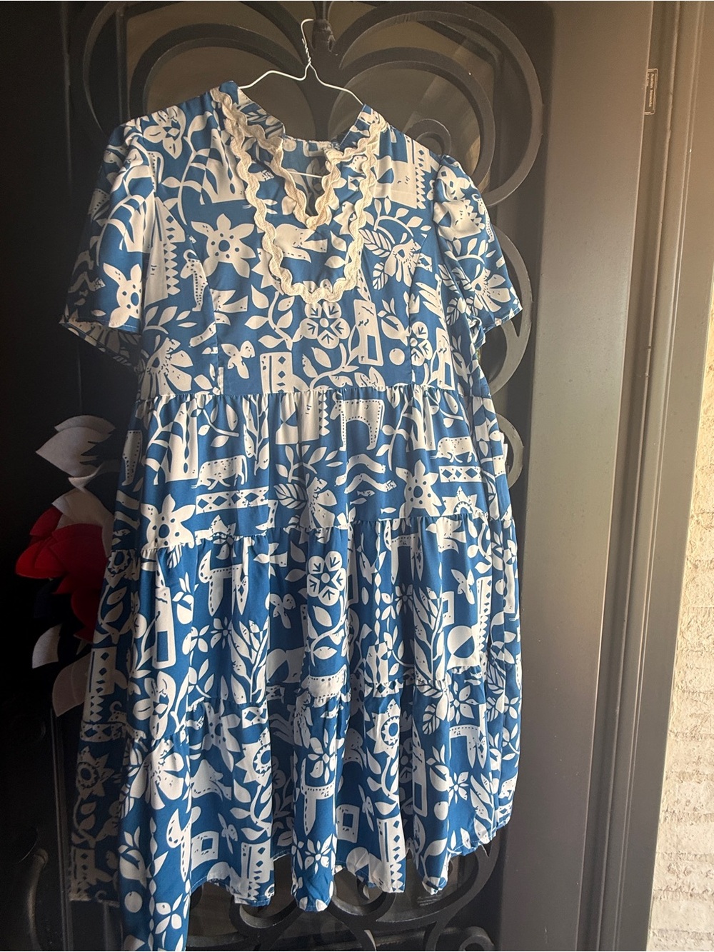 Boutique Blue  and White Floral Tiered Dress